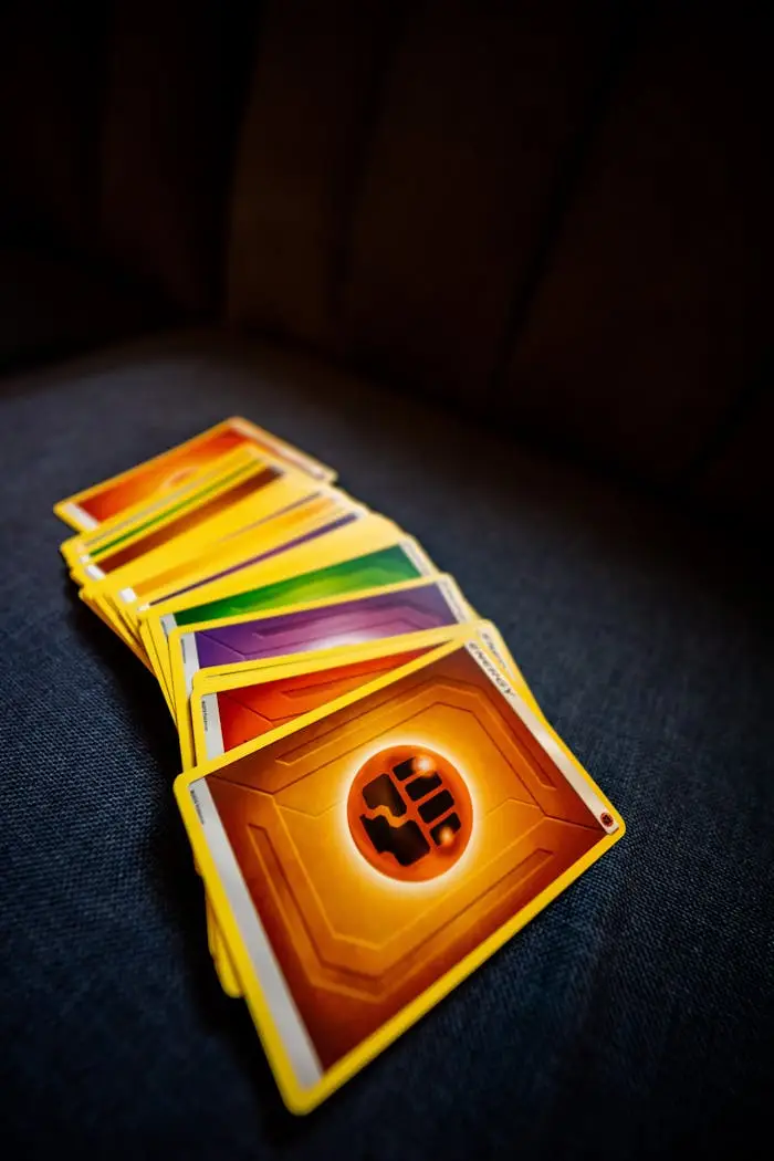 A pile of colorful trading cards fanned out on a dark couch. Perfect for gaming enthusiasts.